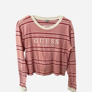 GUESS Women's Pink and White Striped Long Sleeve Top